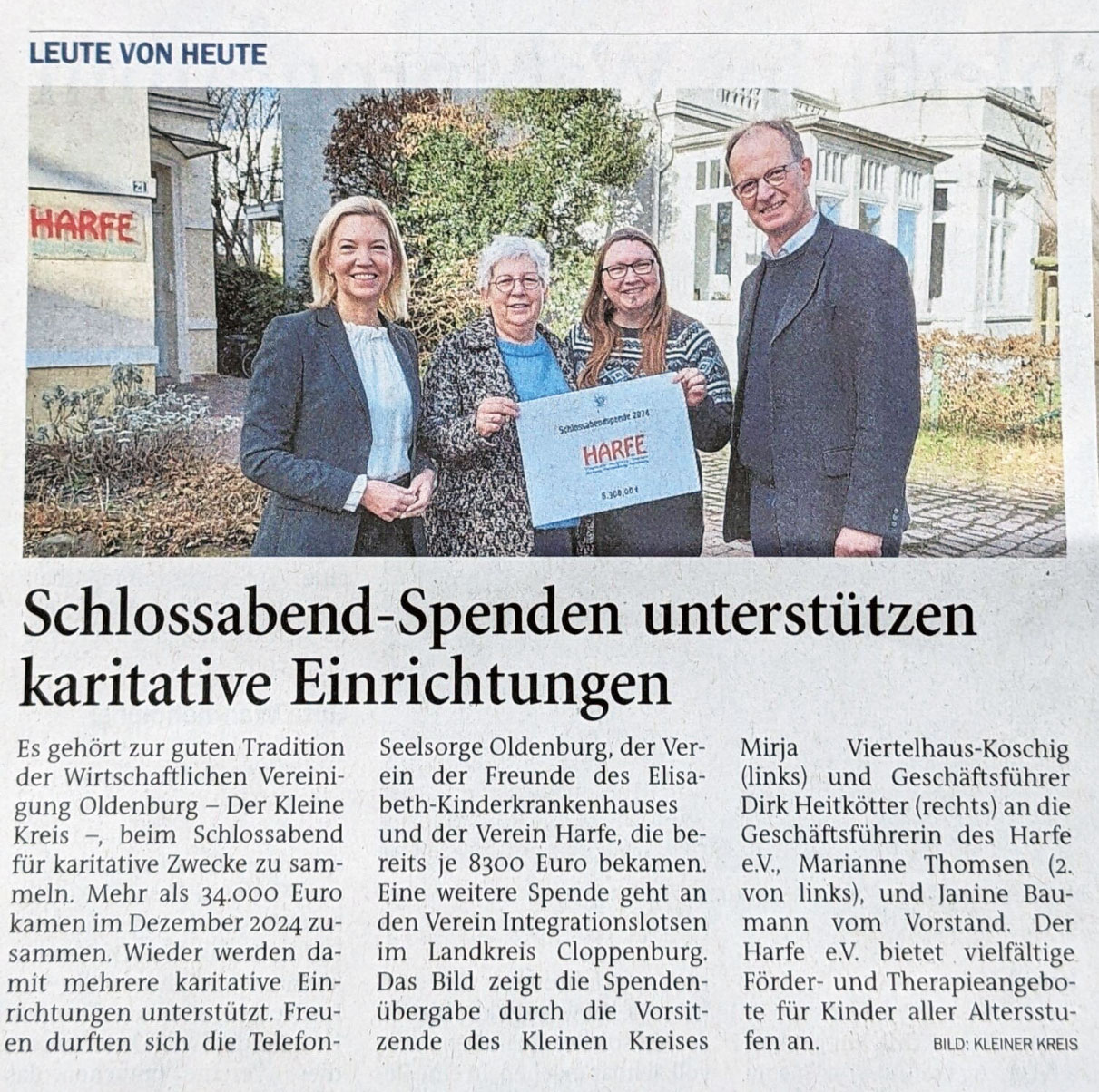 Pressebericht über die Spende der WVO an die Harfe Oldenburg